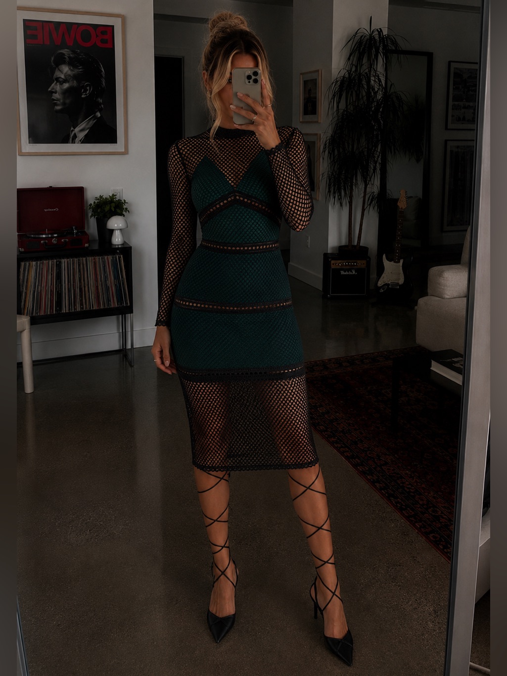 Self-Portrait Sample Forest Green Fitted Mock-Neck Lace Midi Dress Womens 4 Euc